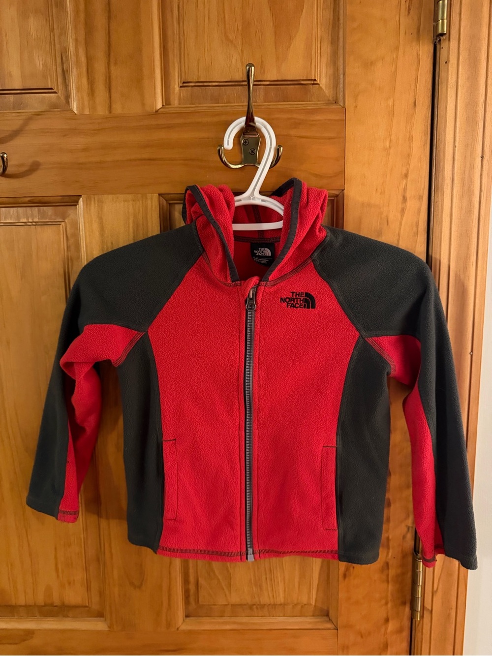 The North Face Kids Red and Charcoal Hooded Fleece Jacket